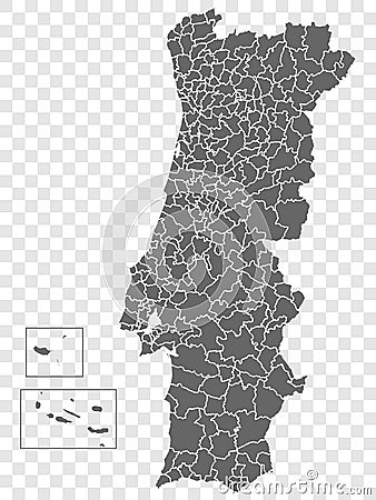 Blank map of Portugal. Departments of Portugal map. High detailed gray vector map of Portugal on transparent background Vector Illustration